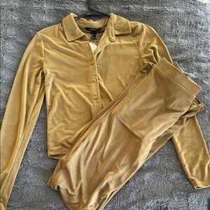 Gold Velour Button-Up Top and Matching Pants Set